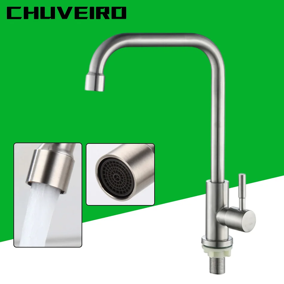 

Kitchen Sink Faucet Single Cold Water Tap 304 Stainless Steel Brushed 360 Degree Rotation Single Handle Basin Mixer Crane