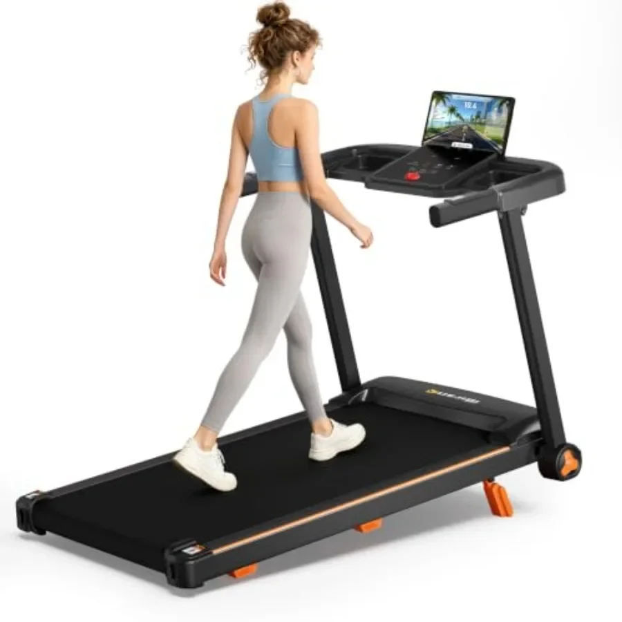 Home office treadmill with incline function, steel frame, black finish, compact foldable design for small spaces