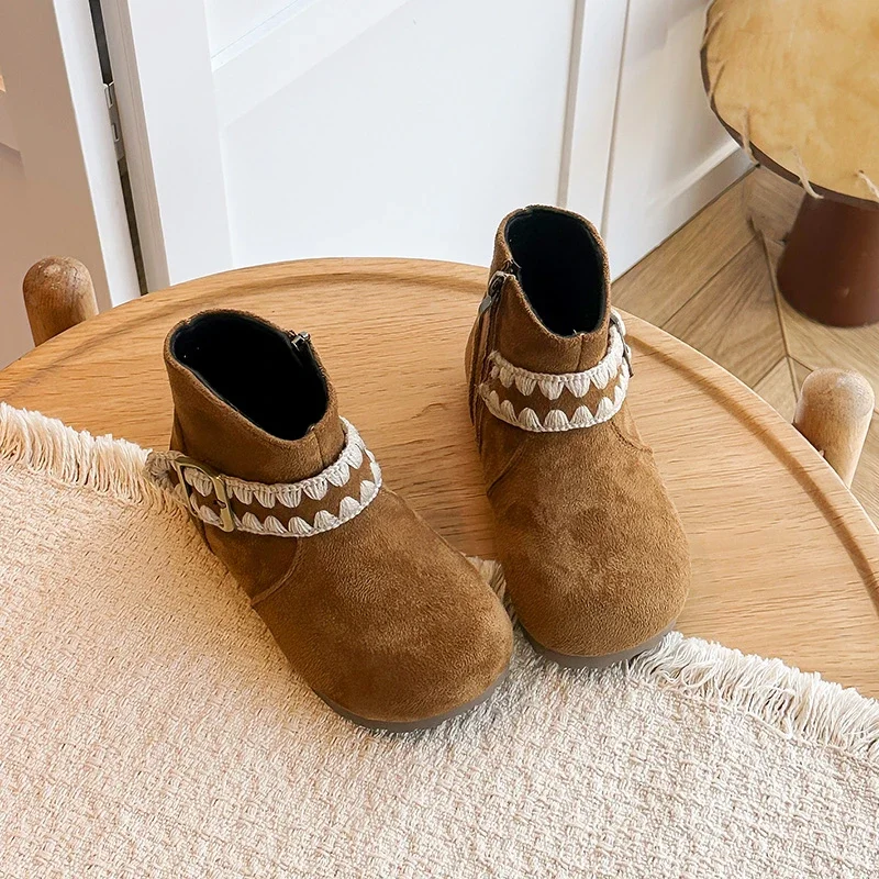 Kids Vintage Ethnic Woven Ankle Boots, Girls Fleece Lined Warm Short Boots with Side Zipper, Non-Slip Soft Sole Suede Boots