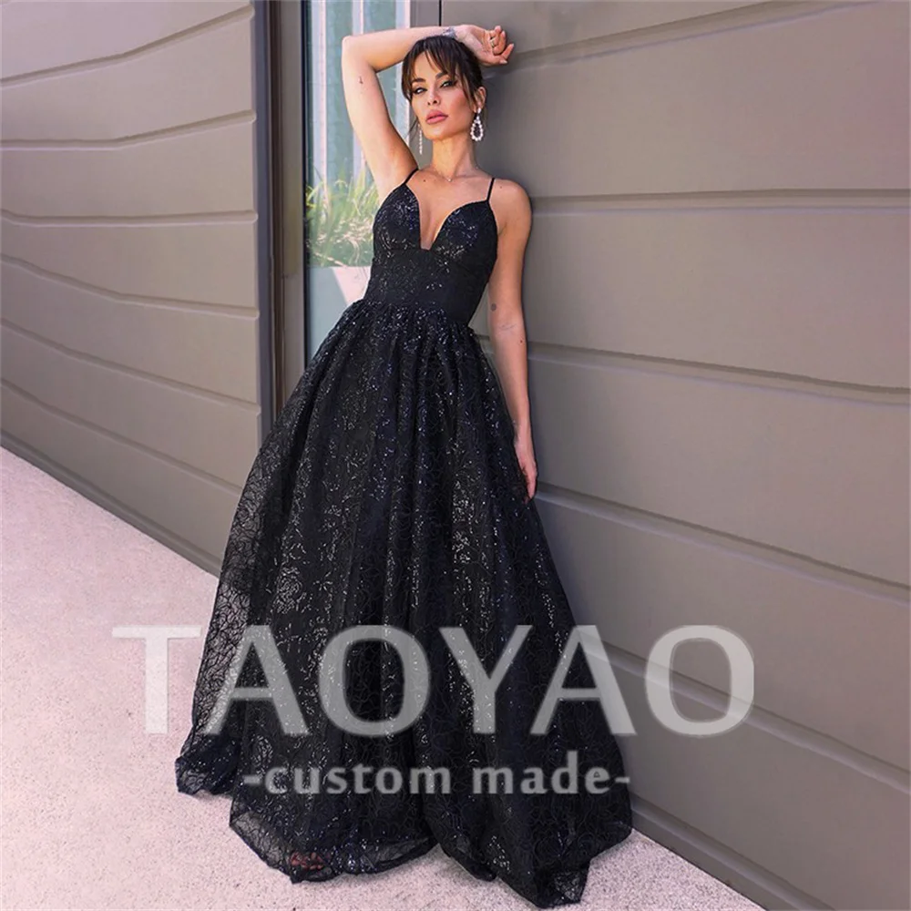 New A-Line Evening Dresses V Neck Sleeveless Lace Sequin Sweep Train Wedding Dress Party Dresses Prom Dress Vestidos De Fiesta