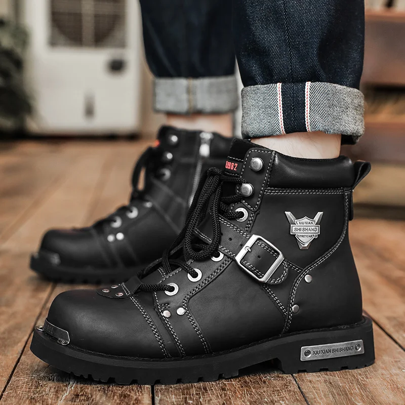 

Men Snow Boots Metal Rivets Low Heel Trend Punk Rock Knight Boots High Quality Men's Leather Winter Cotton Shoes Motorcycle Boot
