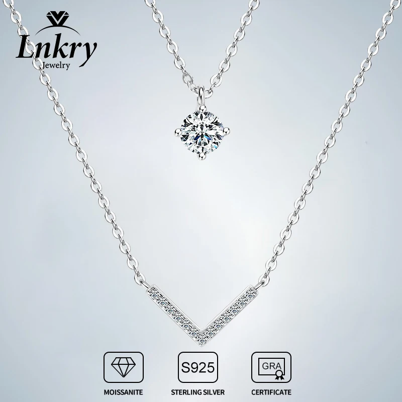 

Lnkry Sparkling Moissanite V-shaped Necklaces Collar Plata 925 Sterling Silver Double Layer Chain Necklace For Women Jewelry