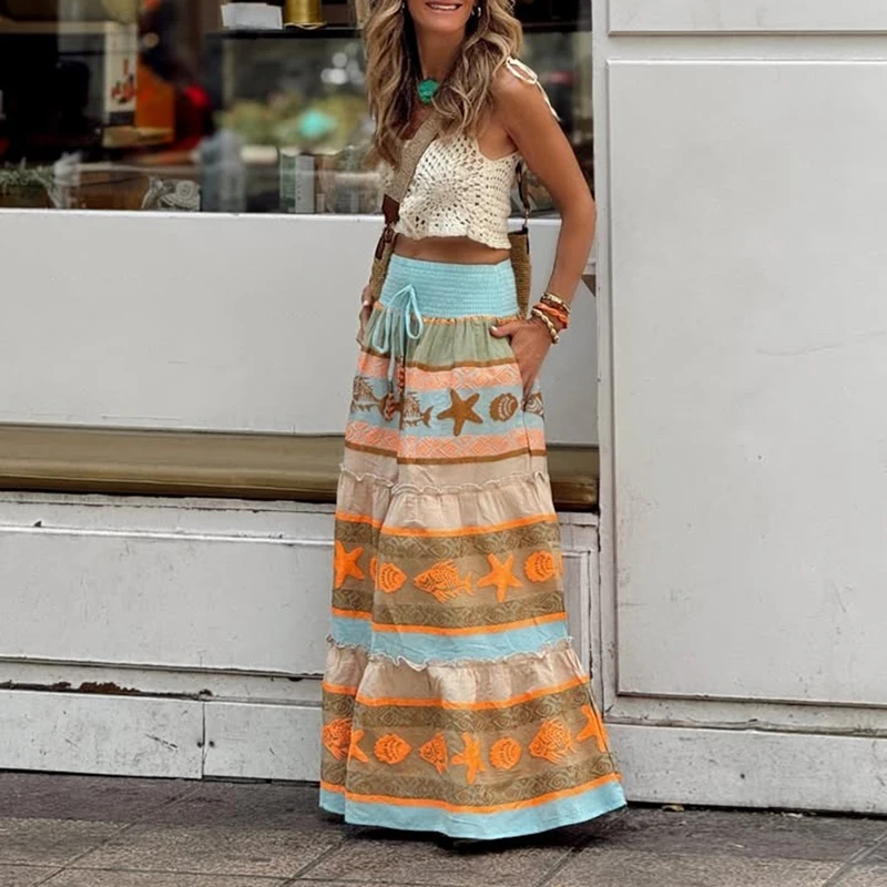 Retro Print Drawstring Skirt Trendy High Waist Drawstre Large Swing Beach Holiday Skirt Lady Elegant Ruffle Edge Elastic Skirt