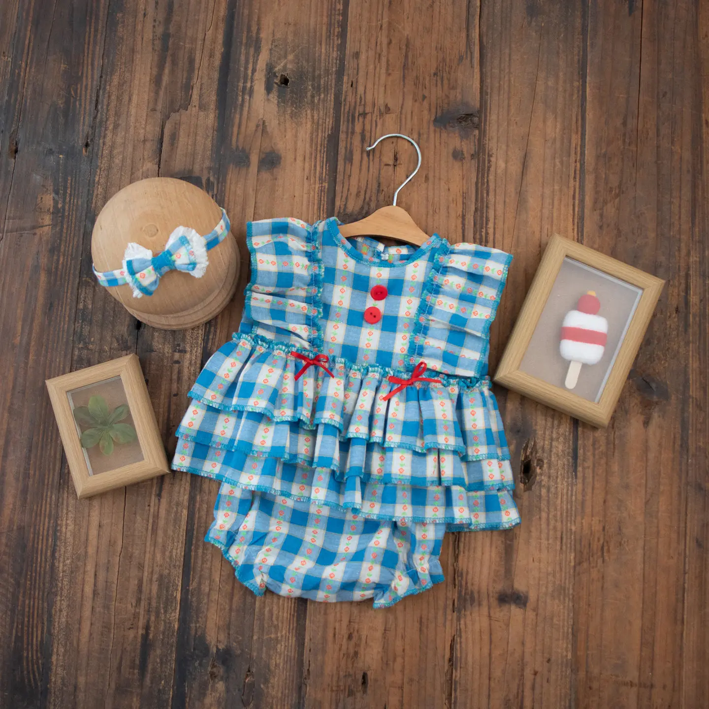 Newborn Vintage Blue Plaid Outfit for Baby Newborn Photo Shoot Studio Photography Suit Unisex Infant Boy Girl Cute Clothes Set