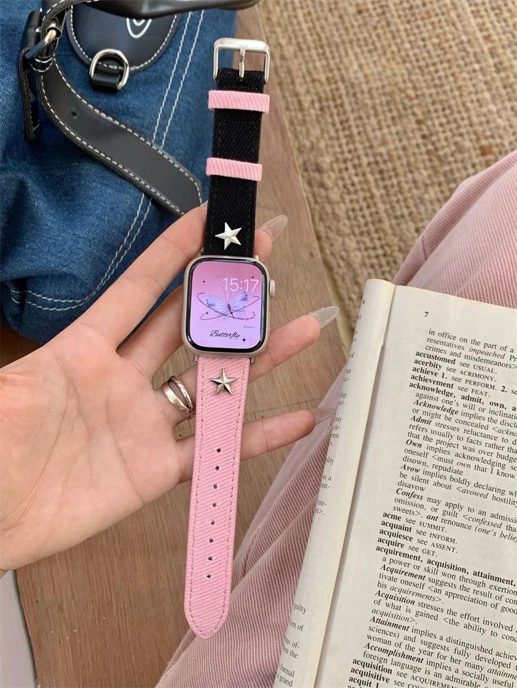 Y2k Star Pink Black Denim Canvas Band For Apple Watch 7 8 SE 6 5 4 Cute Girl Leather Strap For iwatch 38mm 41mm 45 42 44 49 40mm