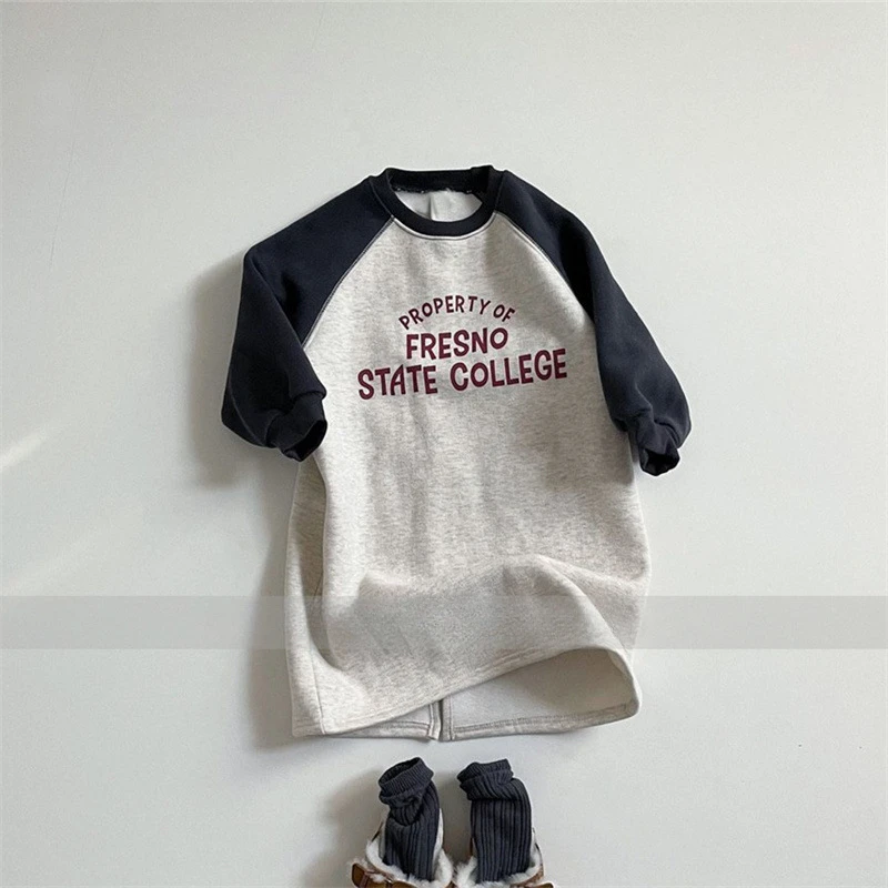 Fashion Casual Style Colored Sleeve Letter Printing Fleece Cotton Guard Dress Girls' Korean Autumn and Winter New Dress