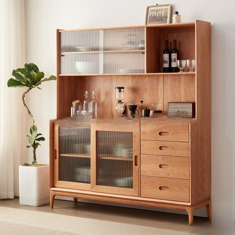 Cherry wood veneer side cabinet Nordic solid wood dining room locker Home kitchen cabinet High cabinet Locker