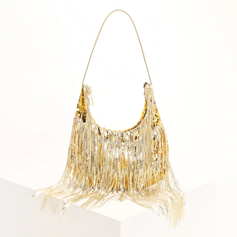 New Women's Shiny Sequined Long Tassel Crescent-shaped Shoulder Bag 2026 Summer Trend Shining Evening Party Hobos Armpit Bag