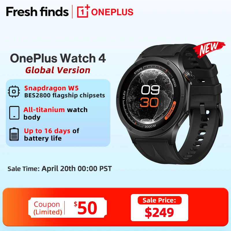 

Новые умные часы OnePlus Watch 4 Global Version с процессором Snapdragon W5, до 16 дней автономной работы, для OnePlus 15, 15r, 13, 11, Nord 6, 5
