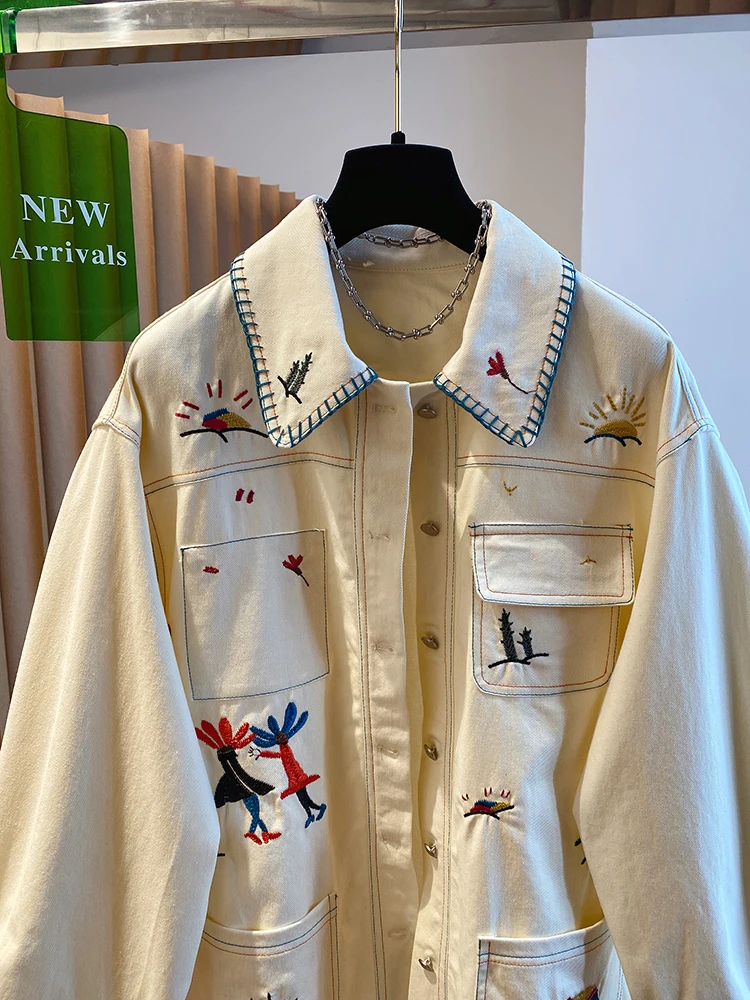 High-End Katoen Linnen Geborduurd Denim Jaet Dames Losse Sle Lente 2025, Nieuwe Collectie Casual Comfortabele Button-Up Top