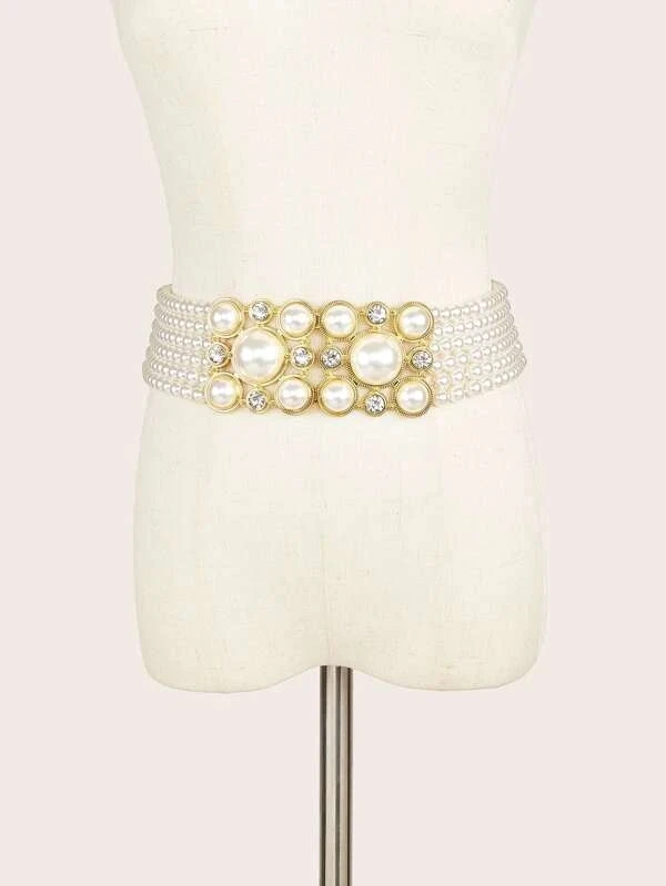 

Fashion sweet temperament string pearl belt elastic drill women