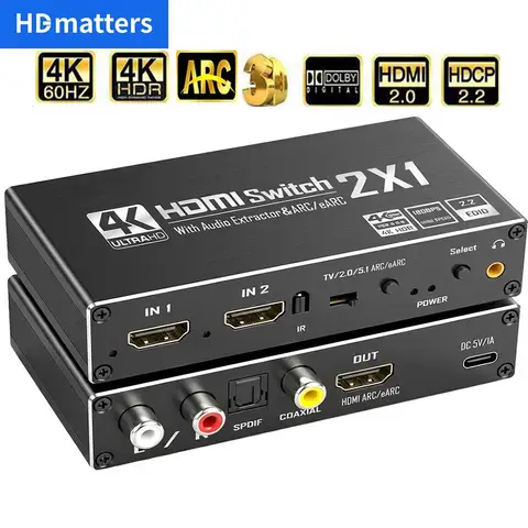 2 port HDMI 2.0 audio extractor for PS5 4K 60Hz  5.1Ch HDMI2.0b HDMI ARC Switch with audio toslink stereo HDCP 2.2 4K 60Hz