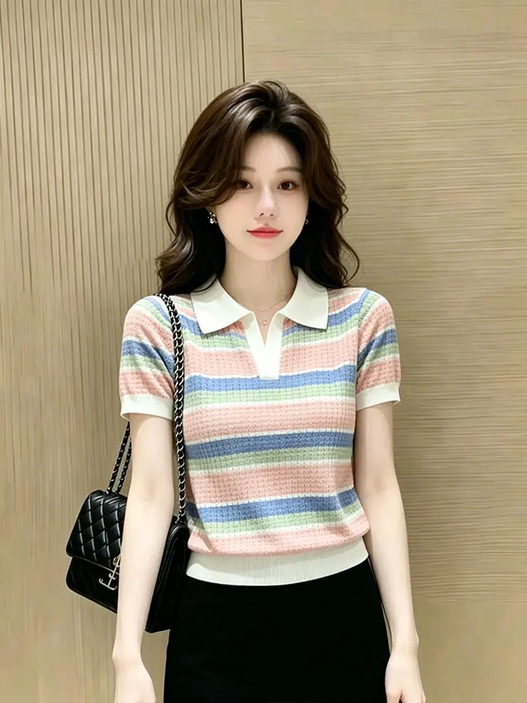 Dopamine Rainbow Stripes  Neck Knitted Sweater Women's Summer New Style Ageless Short Sleeve Elegant Fit Soft Comfortable