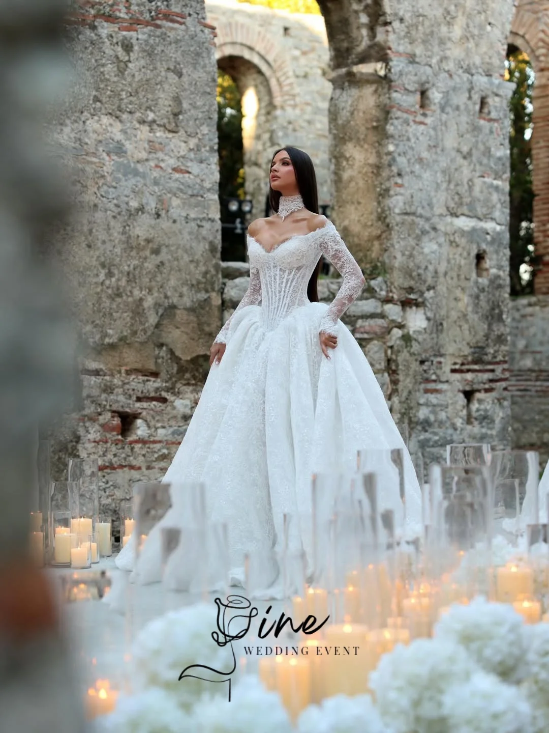 Oine Luxury Lace Pleated Wedding Dresses Exquisite Long Sleeve Vestido De Novia Bustier Corset Eveing Dress Vestidos Customized