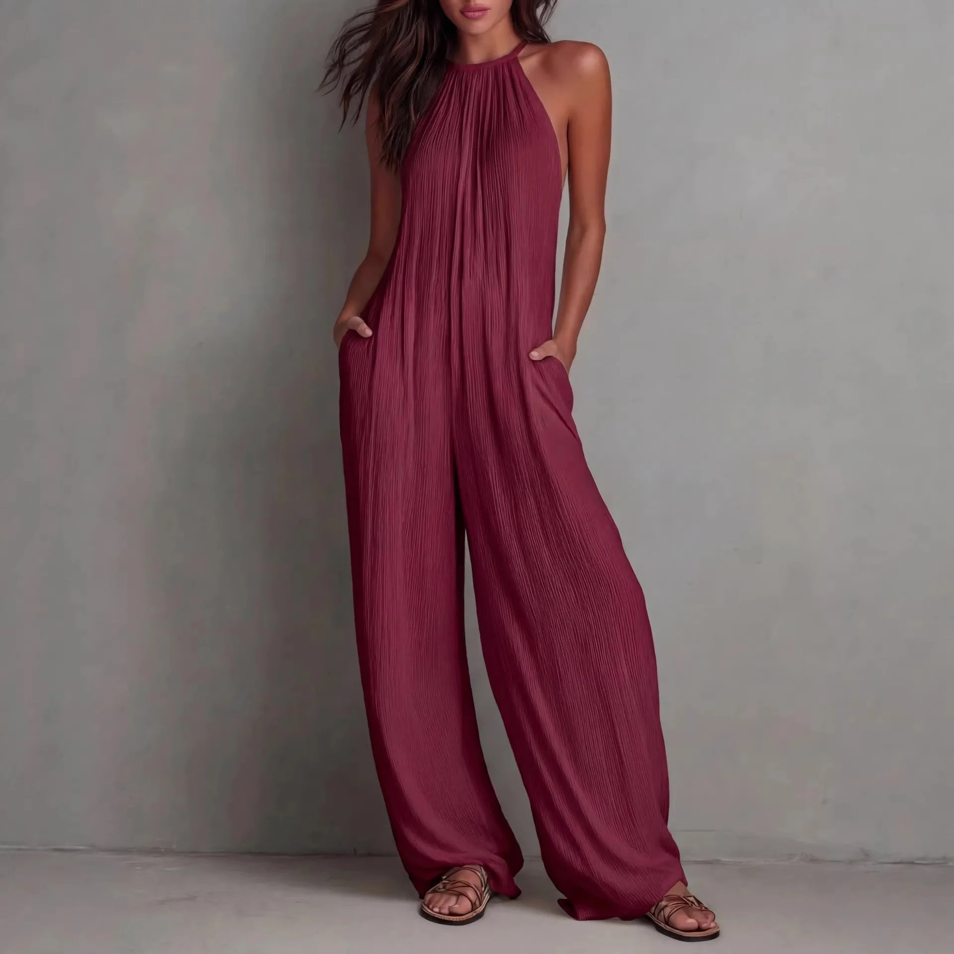 

Sexy Halter Neck Jumpsuit Summer New Solid Color Sleeveless Wide Leg Trousers Overalls Fashion Beach Vacation Casual Jumpsuit