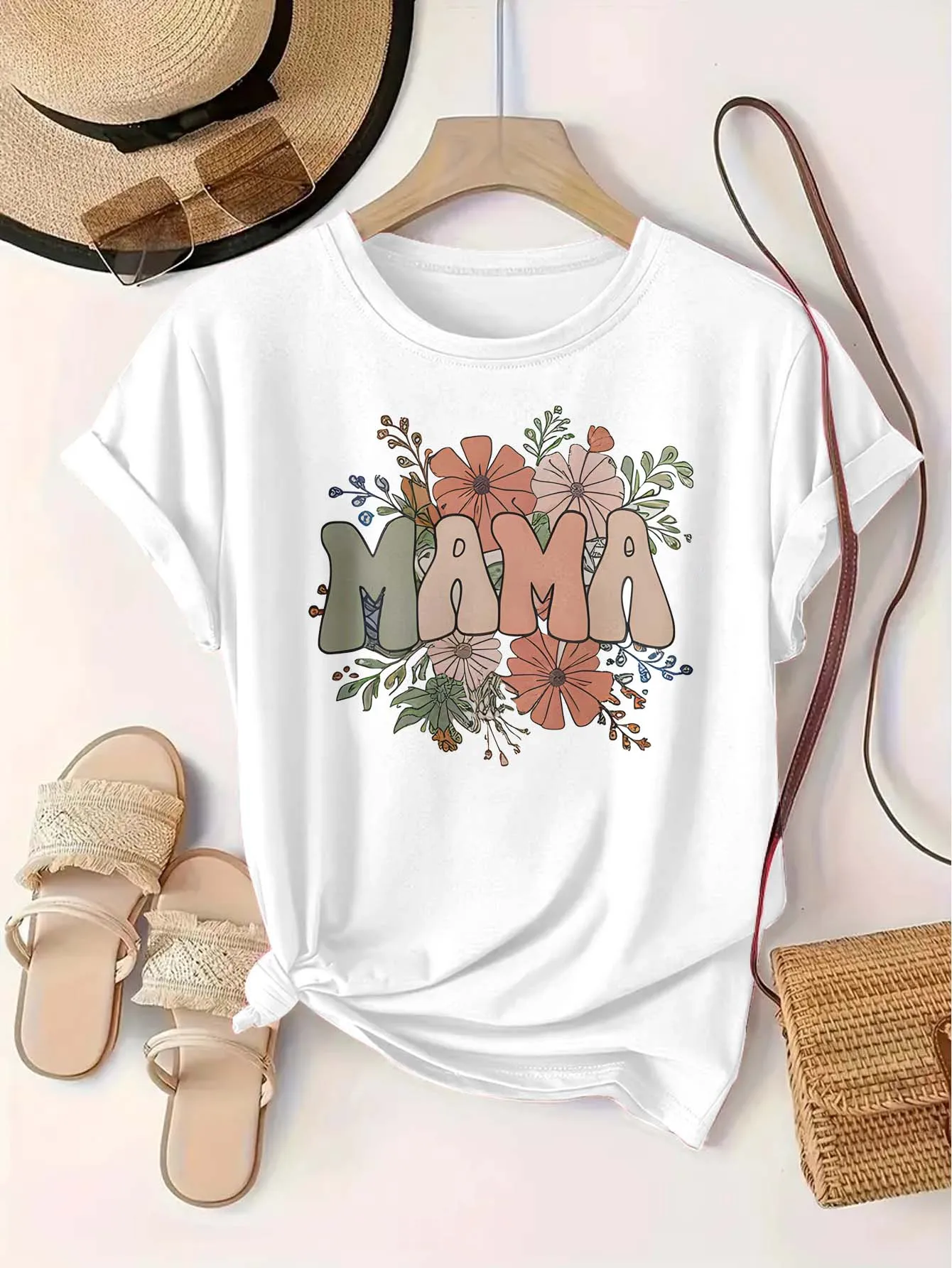 

Женская футболка больших размеров MAMA с цветочным принтом, элегантный модный повседневный повседневный топ