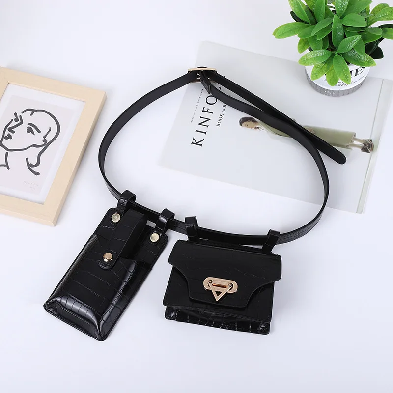 2 Piece Women\'s Belt Bag Luxury Designer Tactical Waist Bags Female Leather Flap Fanny Pack Shoulder Crossbody Chest Bag Purse