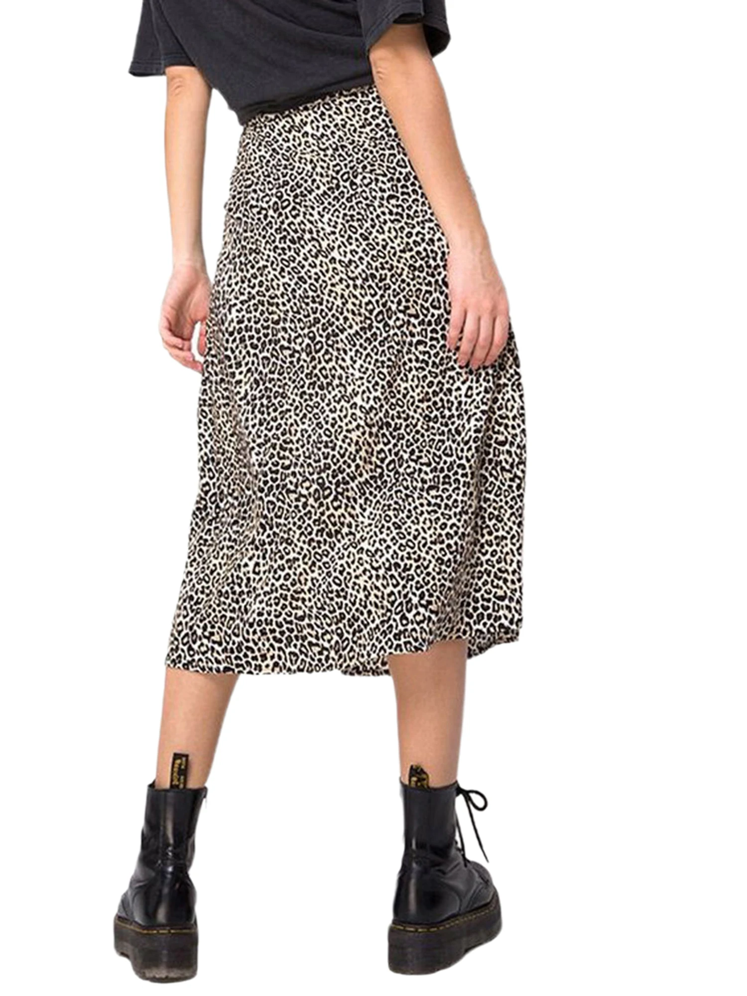 Rok wanita, Boho kasual rok Midi macan tutul motif bunga pinggang tinggi belahan samping Musim Panas ayun garis