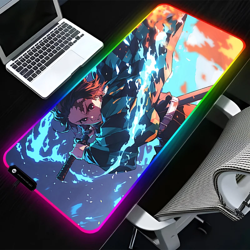 

RGB светодиодный коврик для мыши, резиновый коврик для мыши, аксессуары для компьютерных игр, коврик для клавиатуры, офисный нескользящий стол, коврик для мыши D-demon Slayer Tanjiro