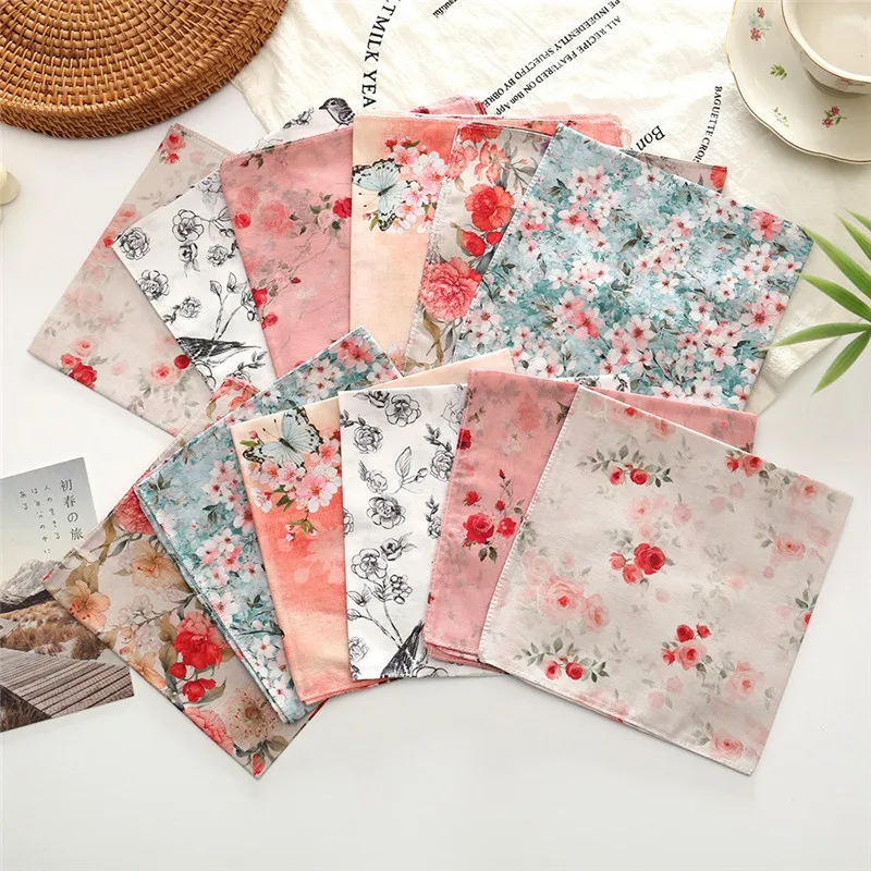 3Pcs 34x34cm 100% Cotton Lady Women Handkerchiefs Vintage Flower Printed Sweat Wiping Hand Towels Valentine Gift