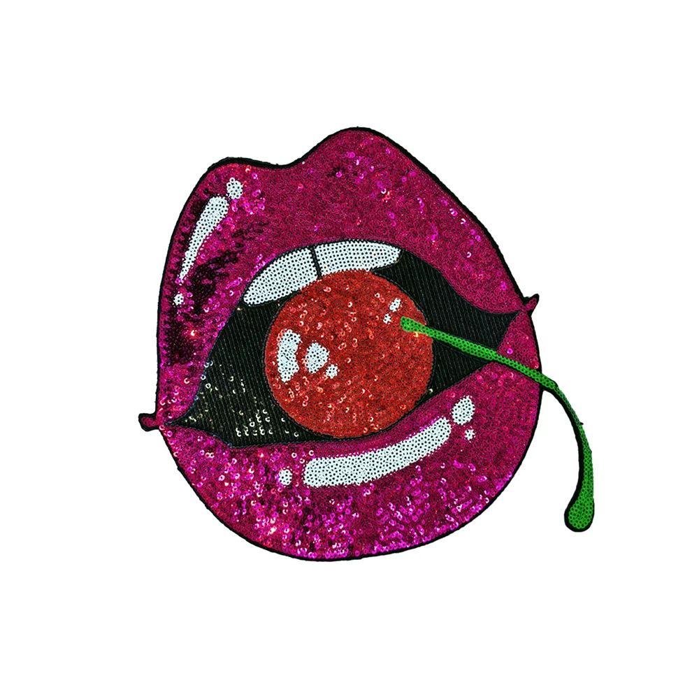 1 Stück bestickte Pailletten, rosarote Lippen zum Aufbügeln, Kirschstickerei, Stoffaufkleber, modisches DIY-Bekleidungszubehör