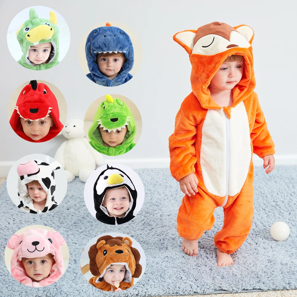 Toddler Animal Kigurumi Onesie Baby Flannel Hooded Jumpsuit Cosplay Costume 0‑4T Kid Warm Home Sleepwear Halloween Party Pajamas