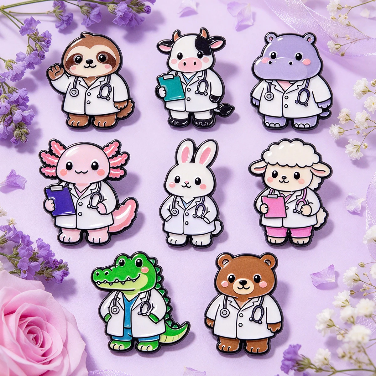 Kawaii Medical Animal Lapel Pins Sloth Cow Hippo Axolotl Rabbit for Backpacks Hats Clothes Bags Decors Accessories Gifts Friends view 2