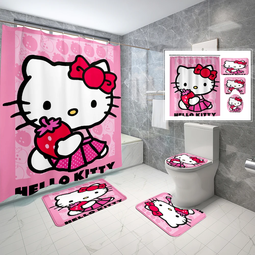 

1/4 шт. 70*70 дюймов 1/4 шт. Sanrio, Hello Kitty Водонепроницаемая душевая занавеска С нескользящими ковриками, крышкой для туалета, ковриком для ванной, 12 крючков