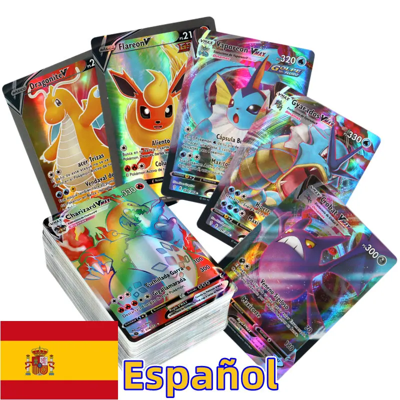 100枚-全て光沢のあるスペイン語版ポケモンカード-レアvmax-tag-team-v-エネルギーカード-コレクタブルカード-ポケモン-トレーディングカード