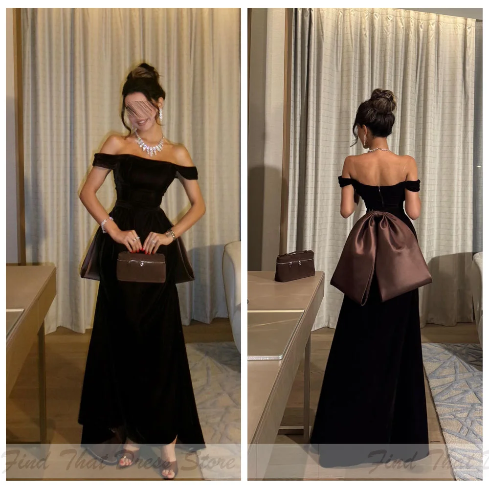 

Custom Made Bridal Boat Collar Velet Straight Backless Maxi Length Saudi Arab Gown Bow Train Evening Dress Elegant سعيد