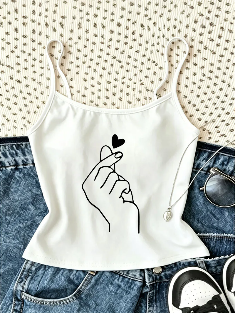 Cute Love Heart Print Women Trendy Casual Crop Top Vest Camisole Top Spring Summer 90s Harajuku Tank Top Women