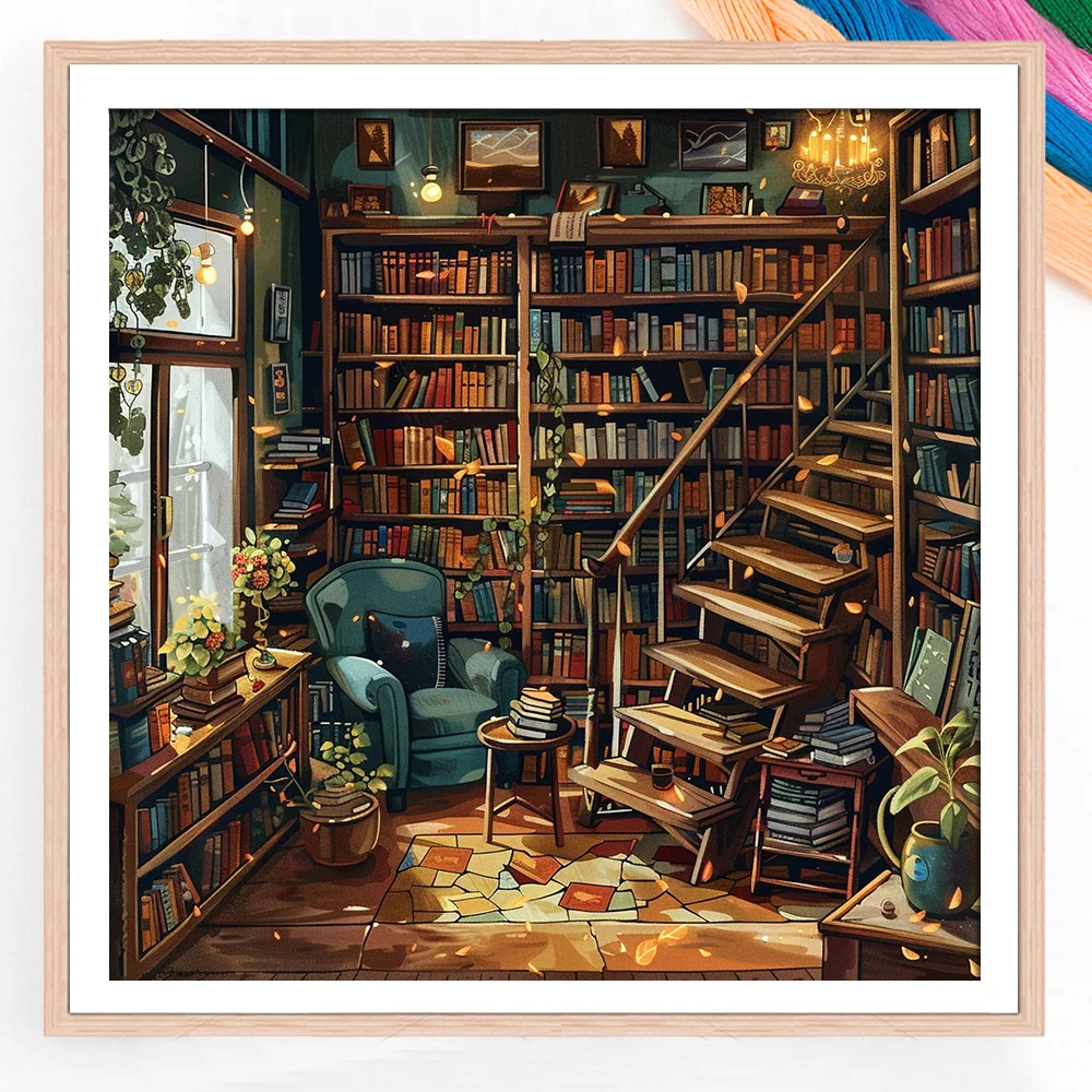 Cross Stitch Tall Wooden Bookshelf Embroidery Kits Landscape Printed Canvas 11CT Thread Needlework DIY Gift Home Decoration