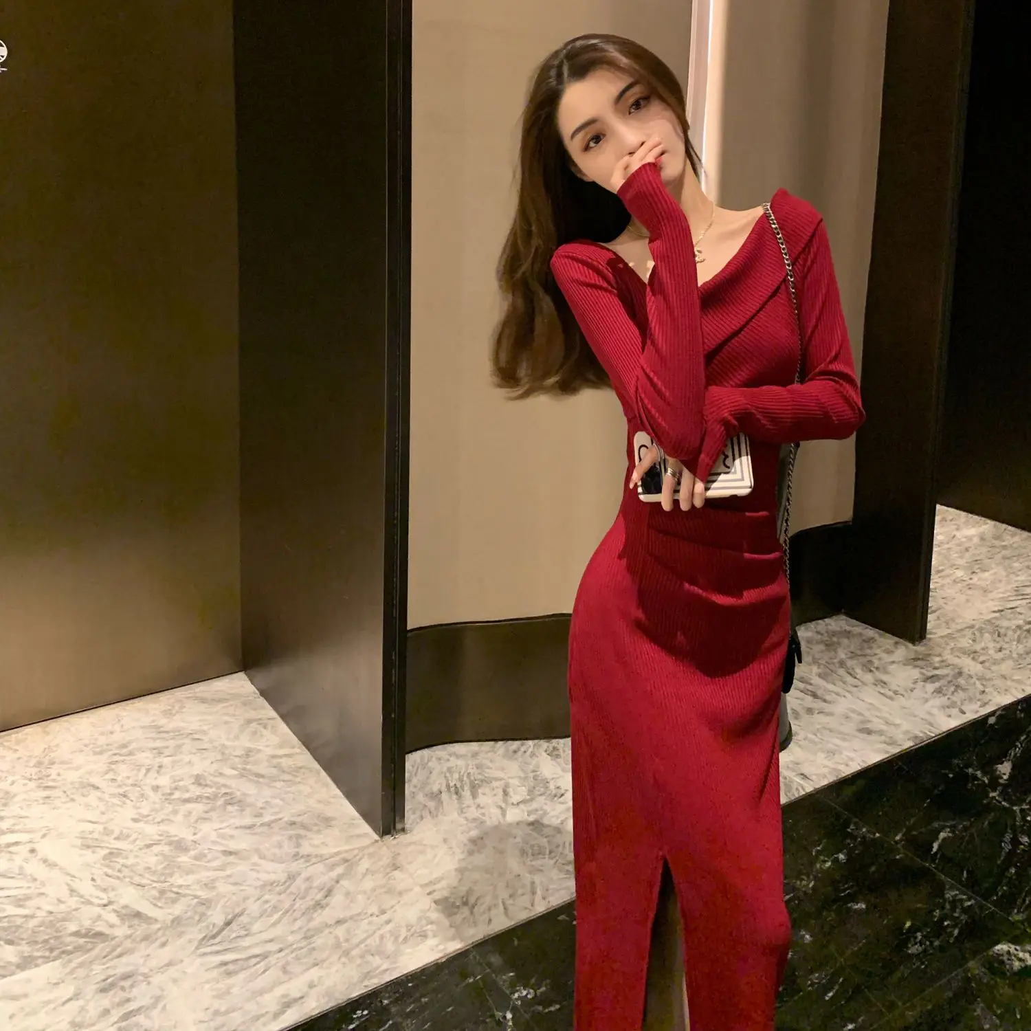 Long Sleeve Maxi Women\'s Knitted Sweater Dress Sexy Bodycon Female Knit Dresses for Fall and Winter Wrap Red Chic Elegant Midi