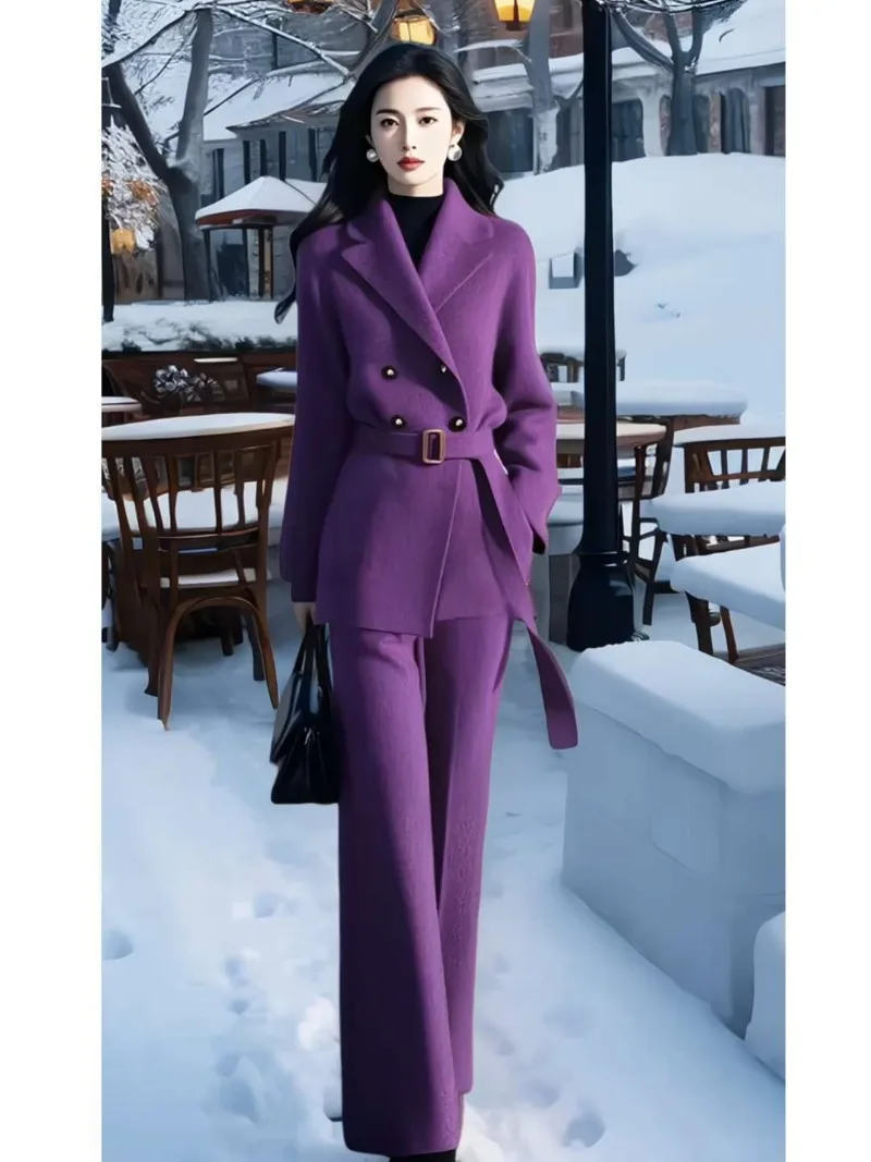 New Autumn Winter High End Women's Suit Elegant Long Sleeve Jacket + High Waist Wide Leg Pants Small Fragrance Two Piece Set