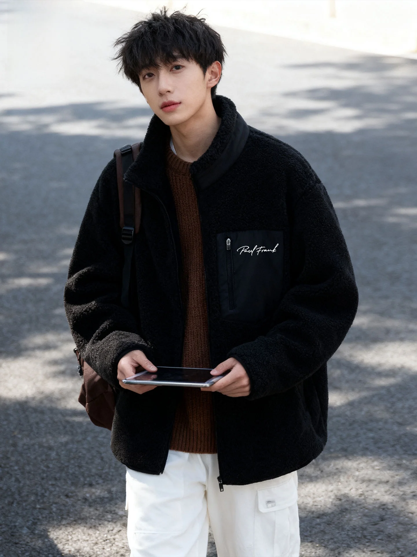 

Thiened Fce Lamb Velvet Stand Collar Jaet Men's Winter Coat Stand Fit Zipper Closure Warmth Youth Faion