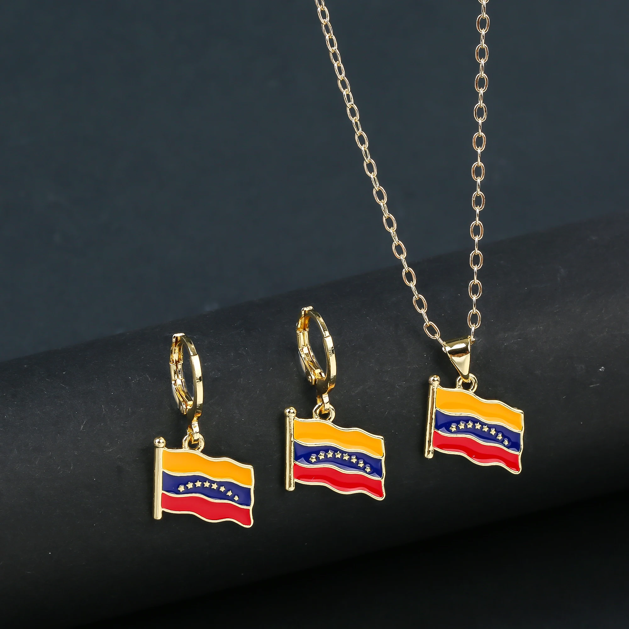 2Pc Fashion Venezuela Flag Cross Jewelry Set Earrings Necklace Charming for Woman Daily Party Jewelry National Memorial Day Gift