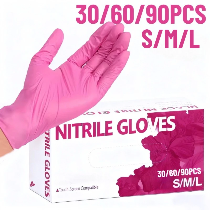 

30/60/90PCS Pink Disposable Nitrile Gloves Latex Free Waterproof Durable Nitrile Cleaning Gloves Pet Bathing Household Cleaning