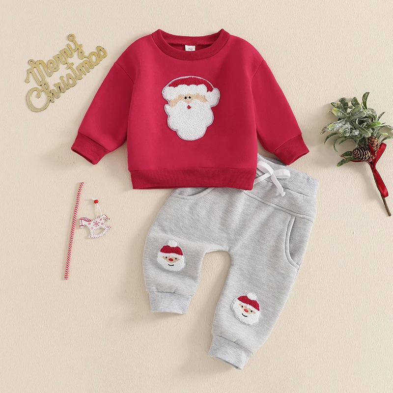 2024-09-12 Lioraitiin Toddler Baby Boys Christmas Outfits Long Sleeve Santa Embroidery Sweatshirt and Pocket Pants Clothes Set