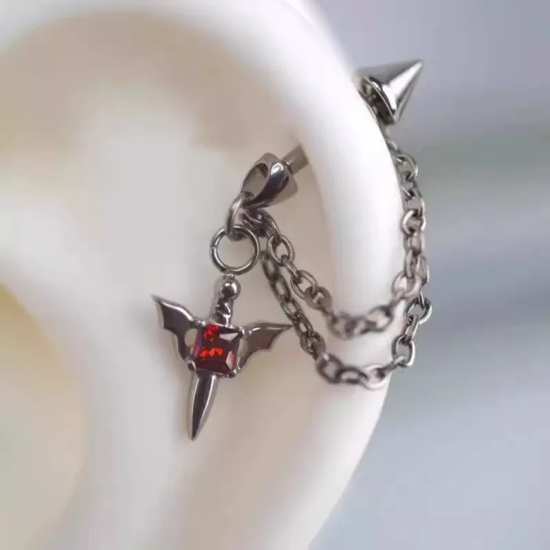 Silver Color Red Crystal Dagger Chain Earrings Minimalist Gothic Sword Ear Cuff Drop Earrings Birthday Gift Jewelry for Women Girls image 4