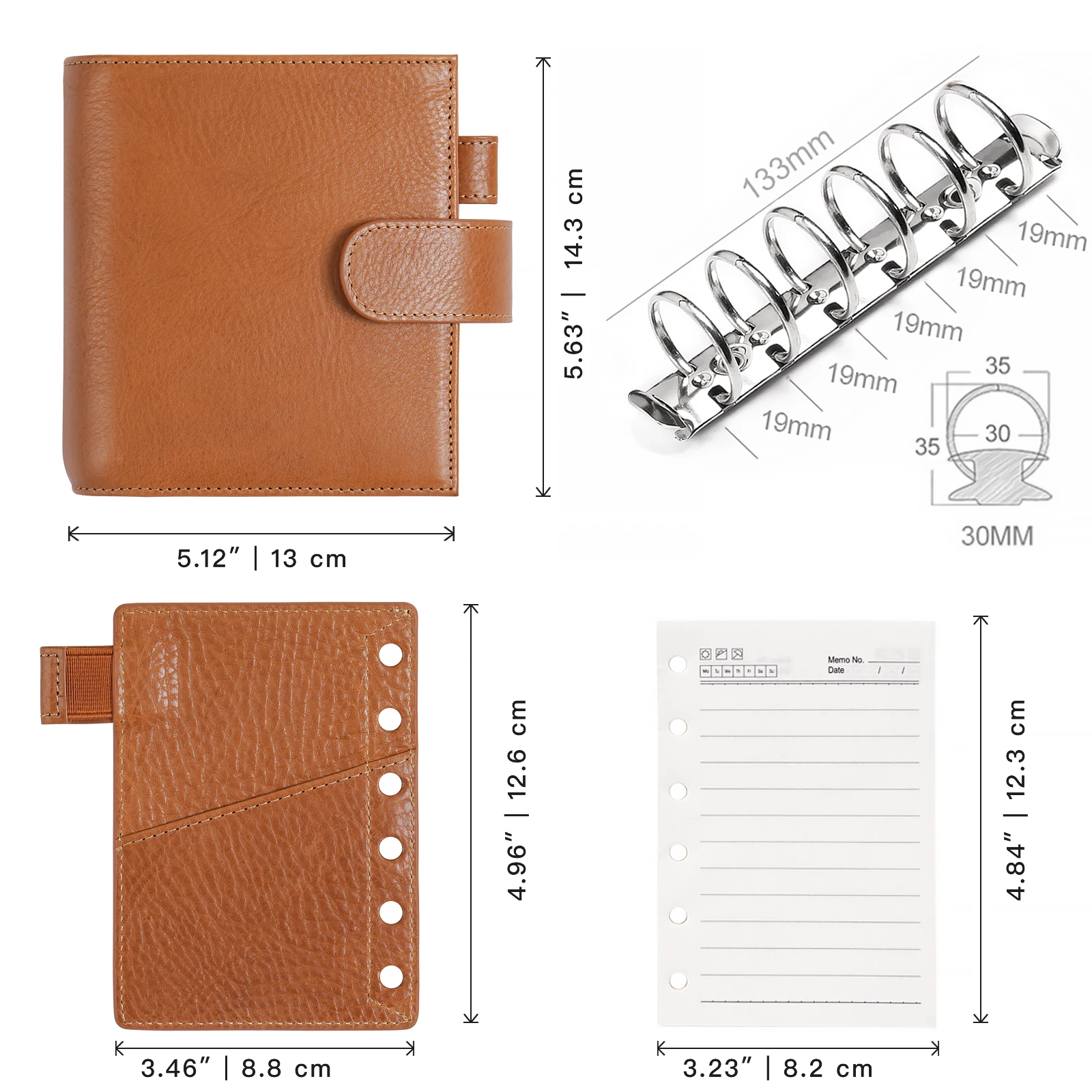 Moterm Full Grain Veg Tan Leather Pocket Luxe 2.0 Rings Planner A7 Notebook with 30MM Rings Agenda Organizer Diary Journal