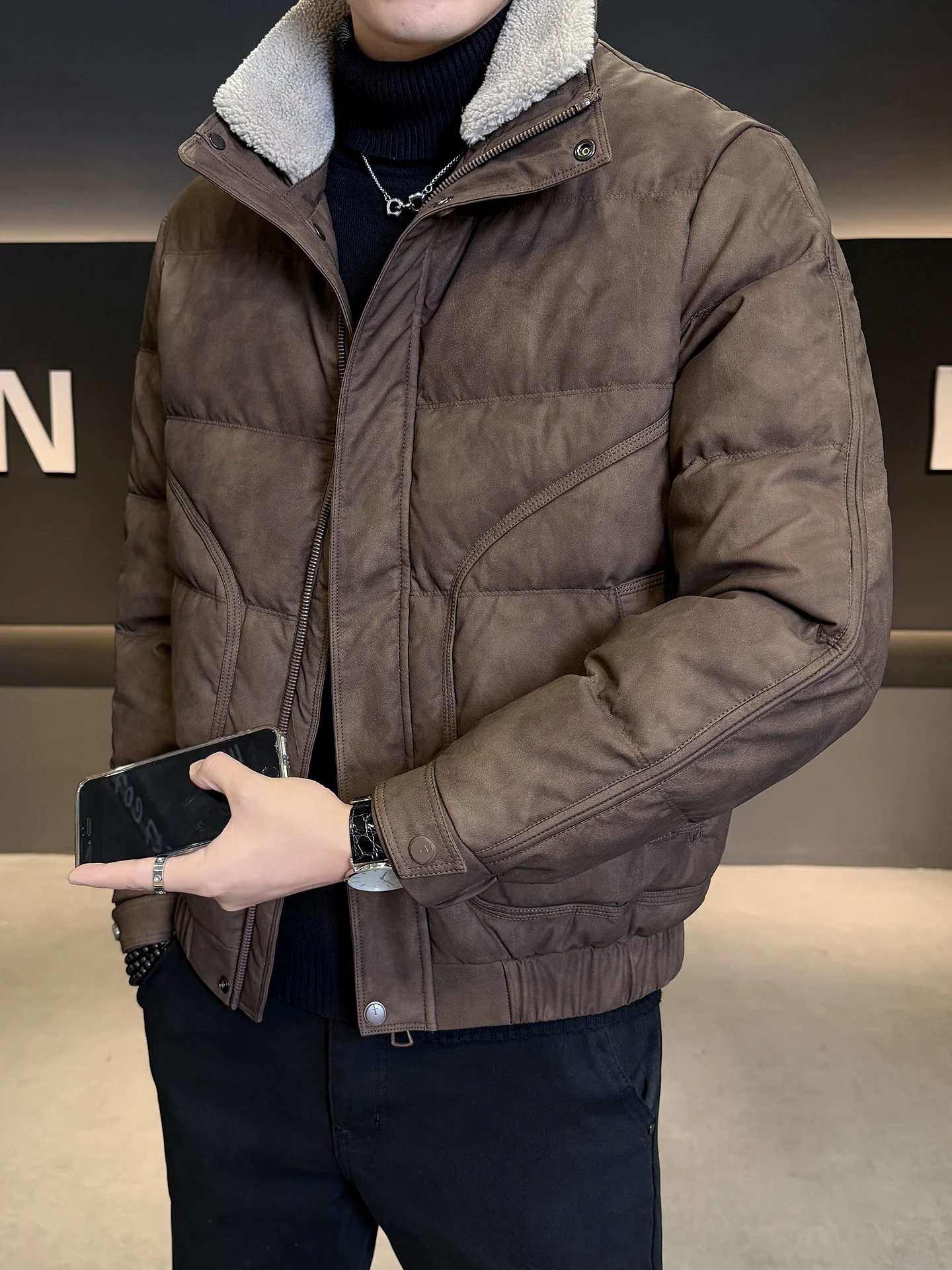 انفصال الفراء طوق الجلود أسفل Jaet الرجال الشتاء Faion العلامة التجارية 2025 جديد دافئ الرجعية ort معطف م مبطن سترة