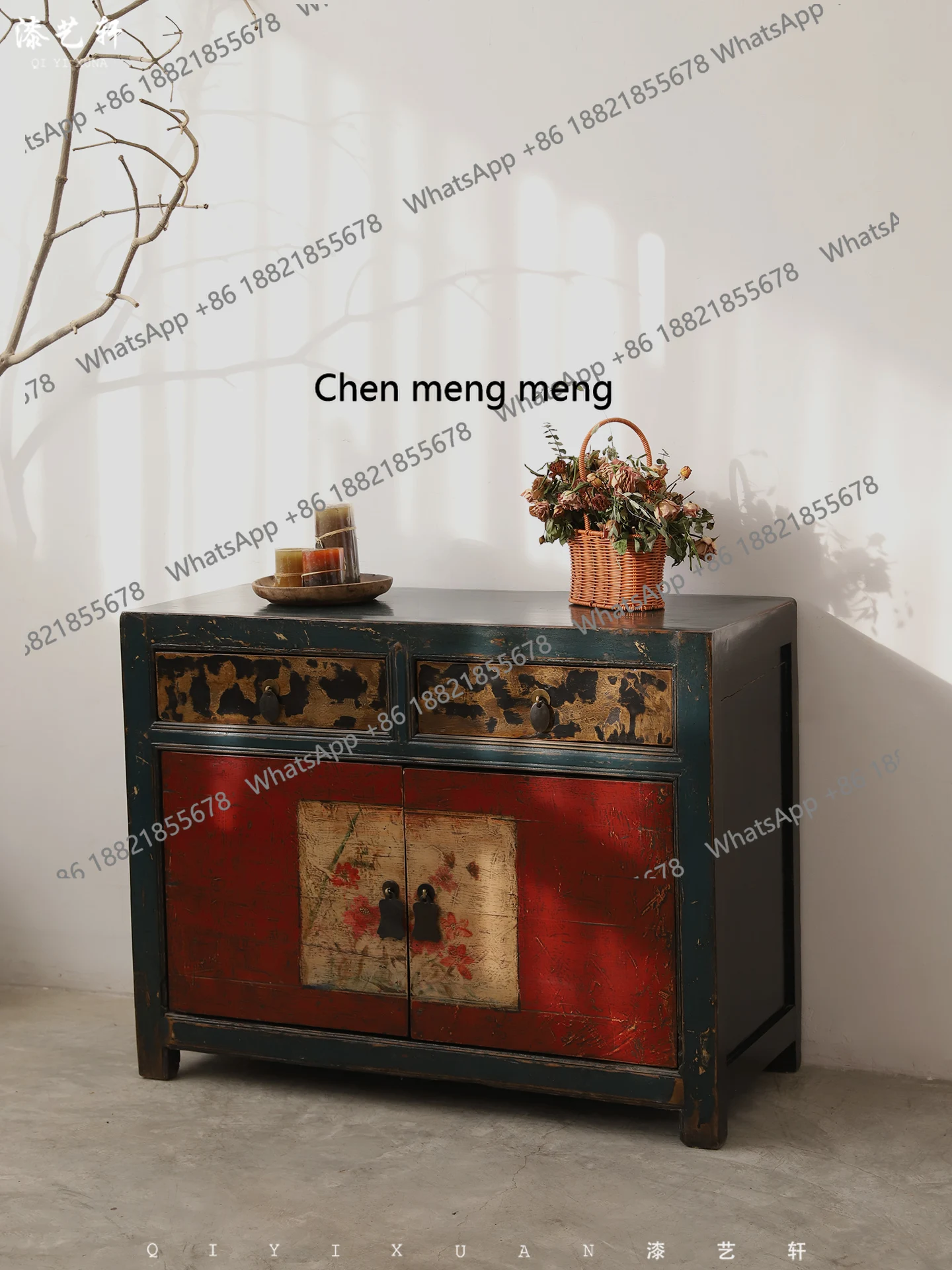 

Solid Wood Sideboard Cabinet Living Room Entrance Cabinet Vintage Classical Painted Lacquer Storage Decorative Side Cabinet