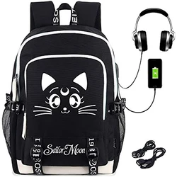 Sailor Moon Backpack with USB Charging Port Anime Cosplay Bookbag for Boys Girls Gift Laptop Bag School Mochila