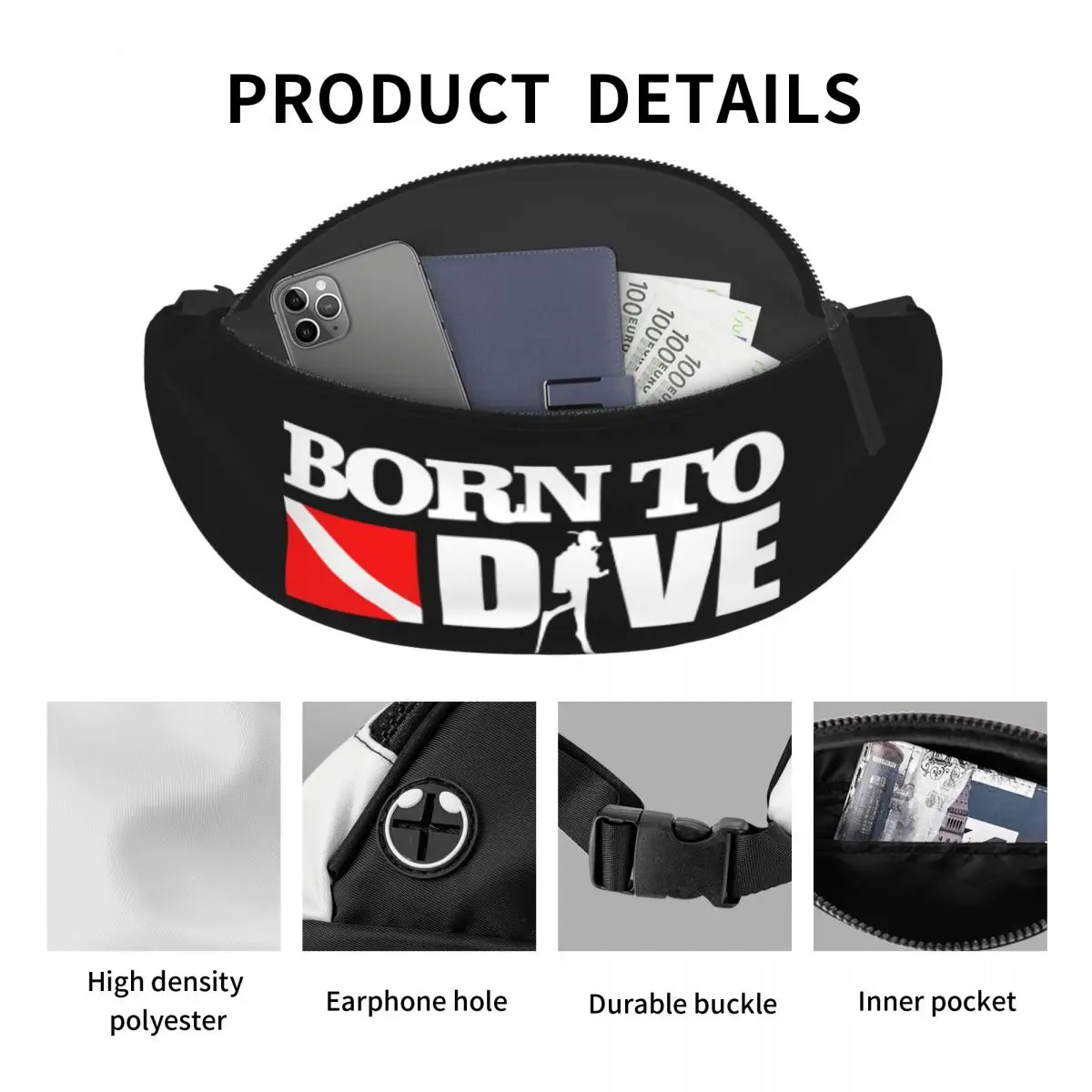 Born To Dive-riñonera personalizada para hombre y mujer, bolso de cintura cruzado para bucear, para correr, teléfono, dinero