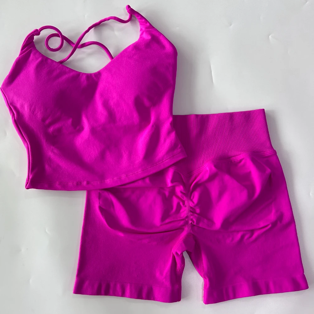 2-teiliges Gym-Set für Damen, nahtloses, rückenfreies Top mit Trägern, High-Waist-Yoga-Shorts, Fitnessanzug, Sportbekleidung, Workout-Set – Detail 12