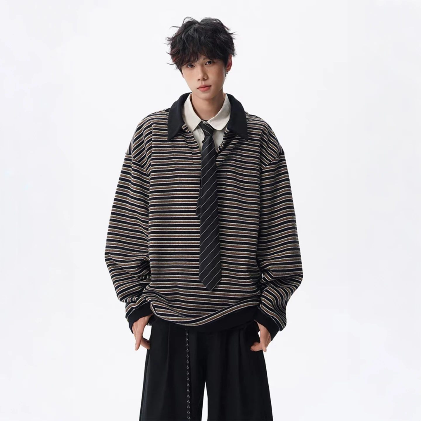 

Повседневная толстовка в полоску, весна-осень, свободный крой, для пар, в американском ретро-стиле, длинный рукав, дышащая, удобная верхняя одежда