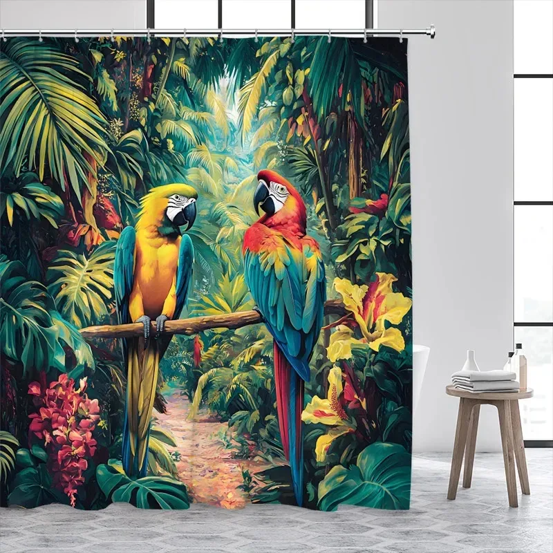 

JHB23Tropical Jungle Parrot Shower Curtains Green Plant Leaves Flowers Birds Rainforest Scenery Polyester Home Bathroom Curt9Kj(