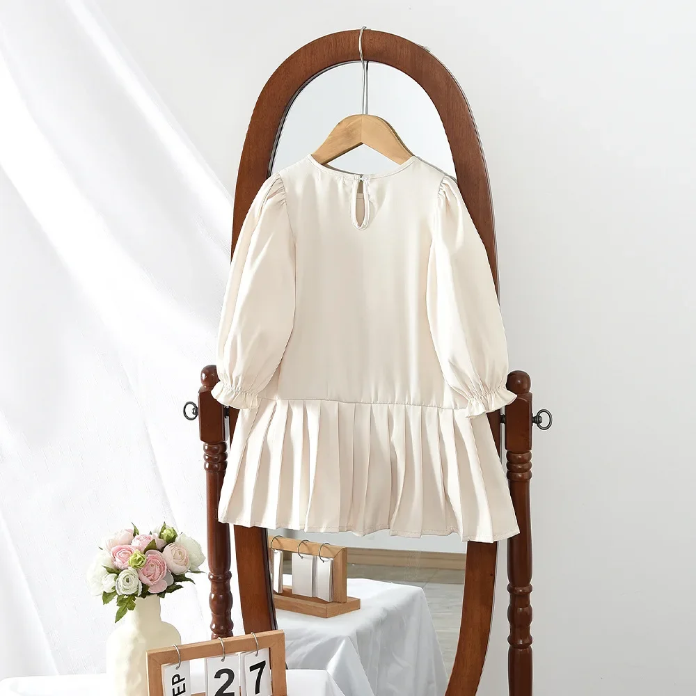 Girl Skirt 2026 Spring And Autumn New Childrens Clothes Girl Baby Three-dimensional Flower Hem Pleated Design Long-sleeved Dress