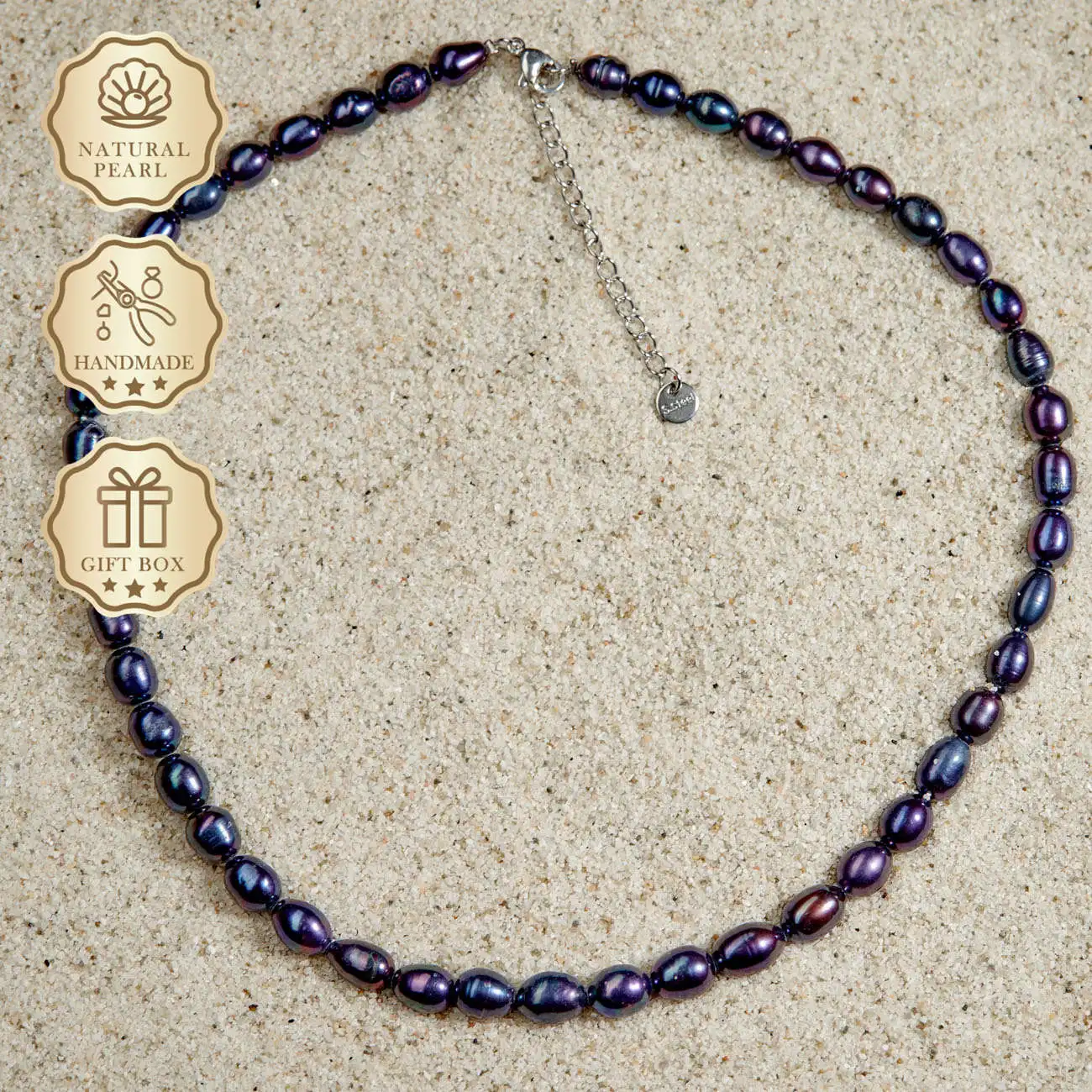 

MYSOYA Black Rice Freshwater Pearl Necklace 6–7mm with Silver Extension Chain, Gift Box, Ideal Birthday Gift & Anniversary Gift