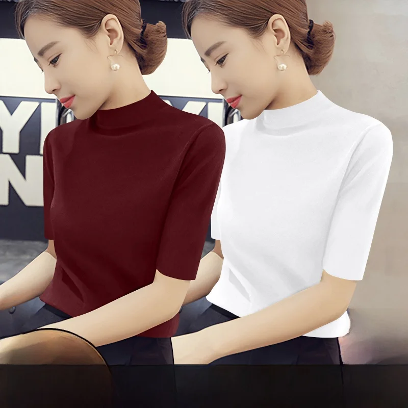 Women's Ribbed Short Sleeve T-Shirt Half High Collar Inner Wear Base Shirt Top Spring Summer New Arrival Fashionable Commute ...